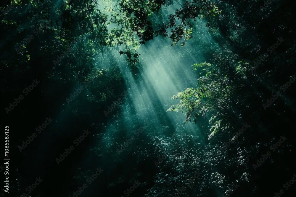 Fototapeta premium A mystical forest image illuminated by radiant light beams filtering through the canopy, invoking a sense of peace and wonder, ideal for nature photography.