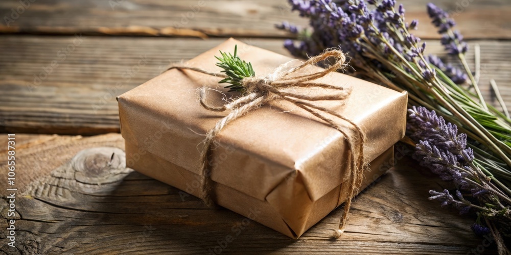 A Simple Gift Wrapped in Brown Paper with a Sprig of Green and Twine, Accompanied by a Bouquet of Lavender on a Rustic Wooden Surface A Simple Gift Wrapped in Brown Paper with a Sprig of Green and Twine, Accompanied by a Bouquet of Lavender on a Rustic Wooden Surface