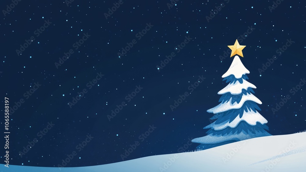 Fototapeta premium Snow-covered Christmas tree with star under starlit sky