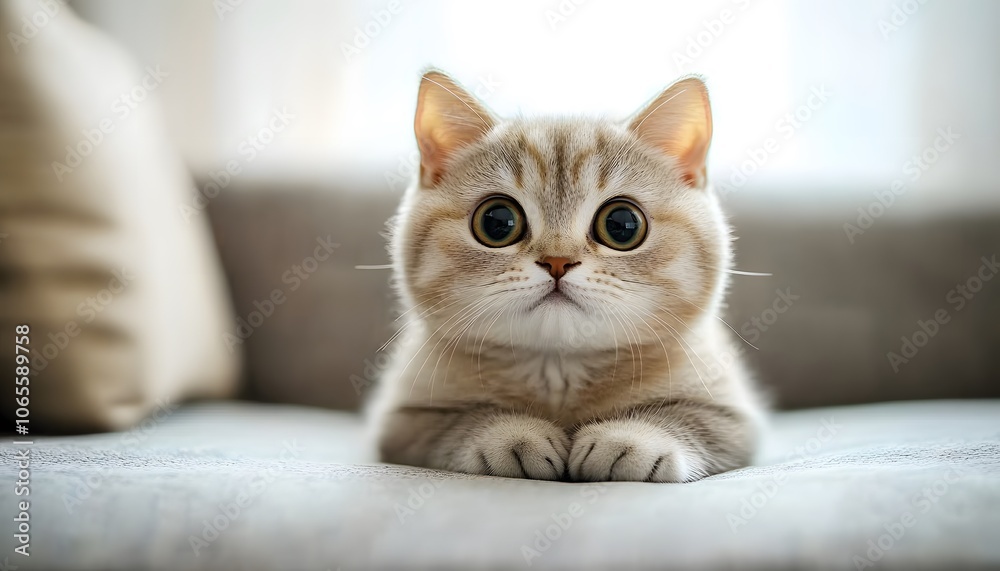 A cute British Shorthair cat sitting on the sofa, close-up shot of its face with big eyes and small ears, natural lighting,