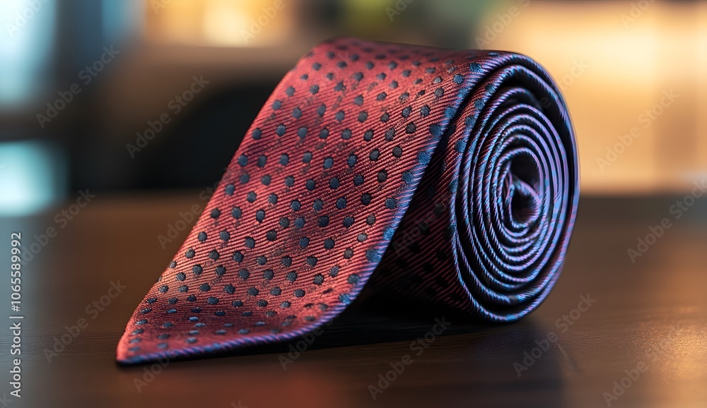 A tie with a dotted pattern is rolled up on the table, with a blurred background. The concept of men's fashion and accessories A tie with a dotted pattern is rolled up on the table, with a blurred background. The concept of men's fashion and accessories