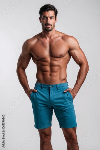 Handsome Man Modeling Swimsuit Shorts on White Background, Shorts Advertising Model