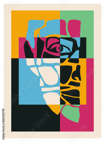 Minimalist contemporary collage portrait of human beauty surreal face