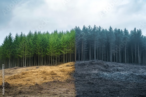 A divided forest landscape, with one half lush and green and the other charred and barren, highlighting the severe impact of environmental changes and deforestation. photo