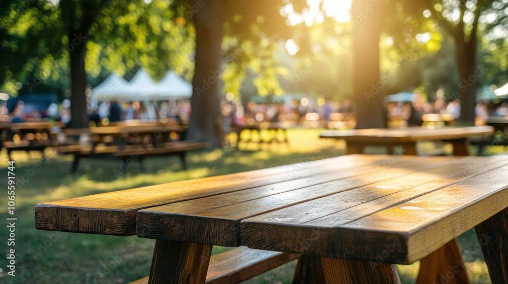 Fototapeta premium A sunlit outdoor space featuring wooden picnic tables in a park setting.