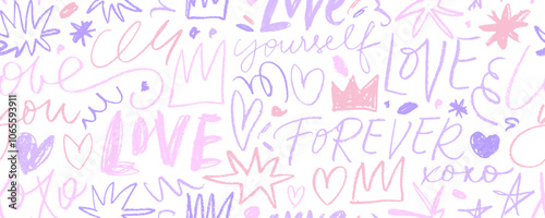 Funky multi colored romantic seamless banner design with crayon drawn love phrases, hearts, crowns and stars. Hand drawn wrapping paper design. Seamless pattern with doodle kid's drawing.