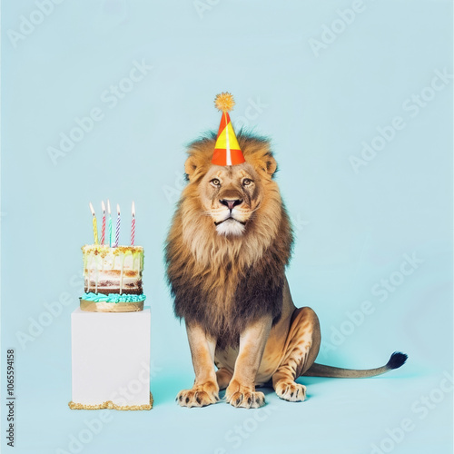 ion  sits in a birthday cap in front of a cake with candles