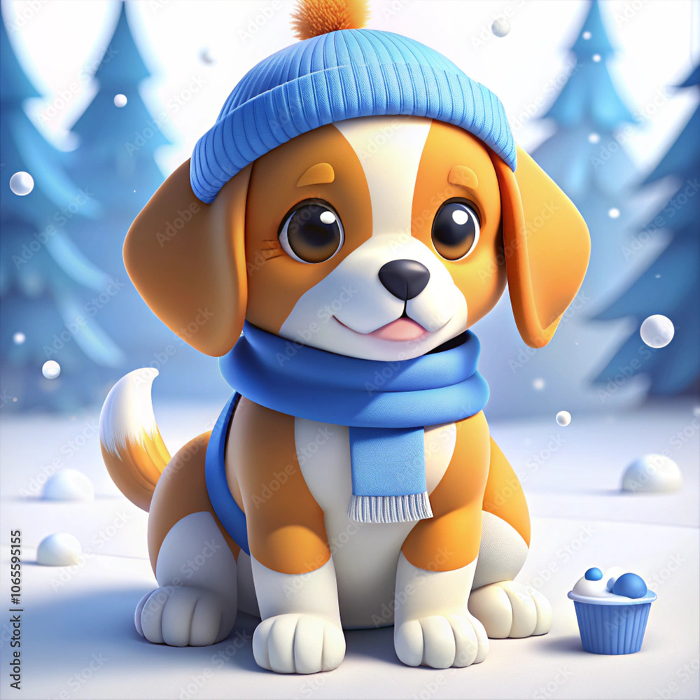 Fototapeta premium Adorable puppy wearing a cozy winter hat and scarf, sitting in a snowy scene with trees in the background, spreading warmth and joy in wintertime