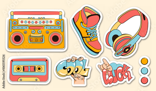 Retro stickers set. Colorful shoe and headphones, casette. Cool attitude. Back to 80s and 90s. Groovy and psychedelic emoticons. Flat vector collection