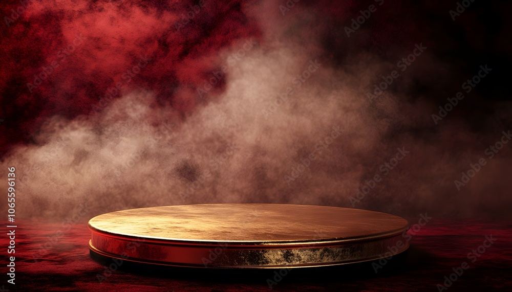 A gold, round podium or pedestal on a dark red background with smoke effects, providing an empty space for product presentation. A gold, round podium or pedestal on a dark red background with smoke effects, providing an empty space for product presentation.