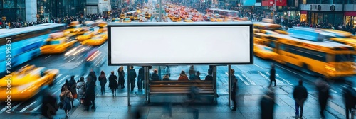 panoramic view of a busy urban street from the perspective of a blank billboard on a bus stop