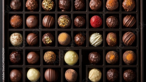 An assortment of assorted gourmet chocolates in a black box.