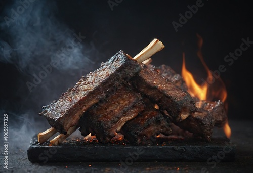 Kalbi short ribs of beef grilled over fire on black background. Generative AI