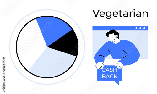A pie chart divided into four segments alongside a male figure collecting cashback. Text indicating Vegetarian suggests thematic relevance. Ideal for data analysis, finance, savings, vegetarianism