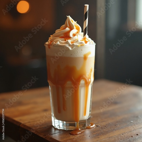 Decadent Caramel Frappuccino with Whipped Cream in Rustic Setting photo