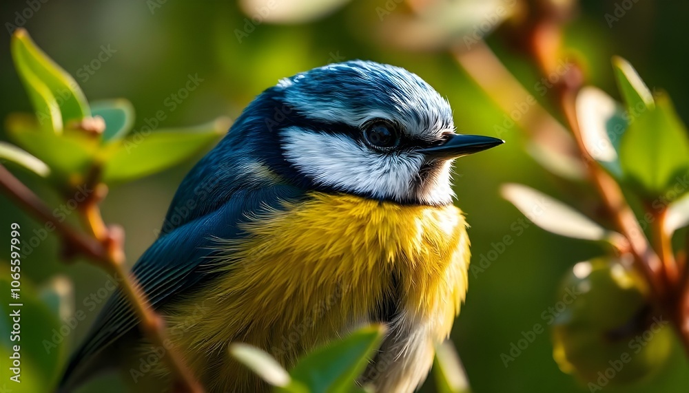 Obraz premium Beautiful female blue tit with striking blue and yellow plumage surrounded by greenery