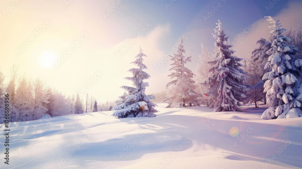 Fototapeta premium A snowy landscape with trees covered in snow