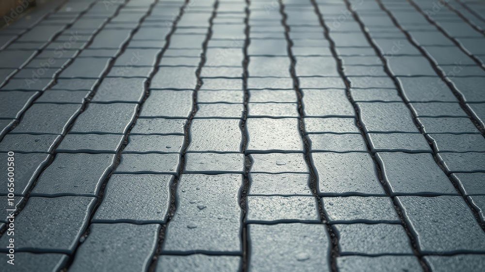 Fototapeta premium A close-up view of a wet cobblestone pathway, revealing intricate details of the stone's texture and the glistening surface after a recent rain shower.