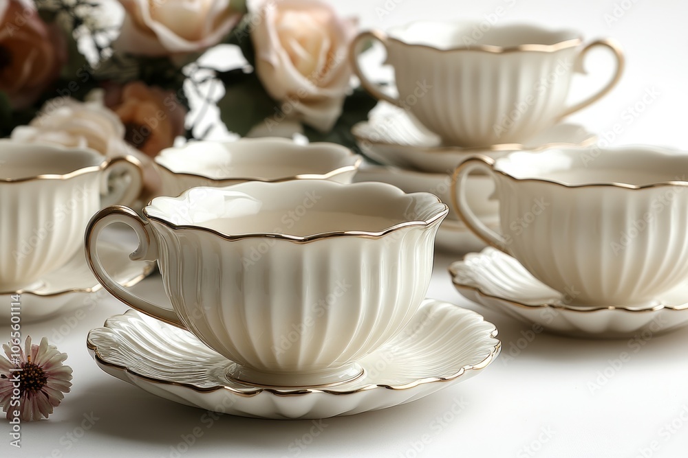 Fototapeta premium Elegant White Tea Cups with Gold Rim - Perfect for Afternoon Tea