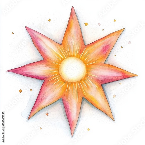 Colorful, hand-drawn star with vibrant petals and a bright sun center, perfect for seasonal designs. photo