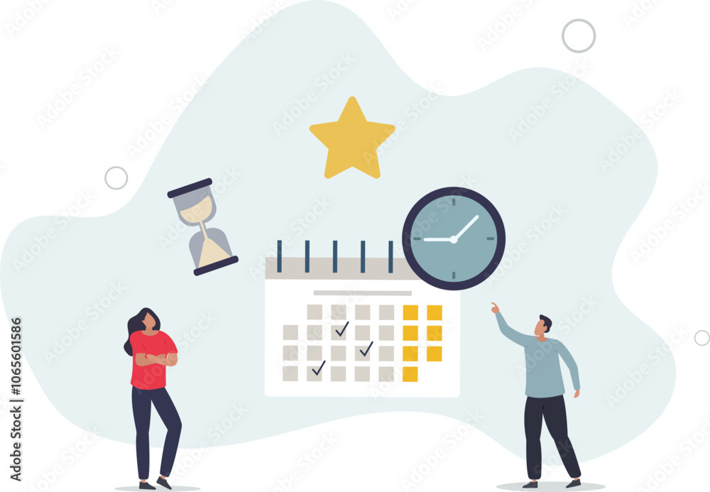 Time management.Cartoon tiny people schedule business tasks of month in calendar timetable.flat characters. Time management.Cartoon tiny people schedule business tasks of month in calendar timetable.flat characters.