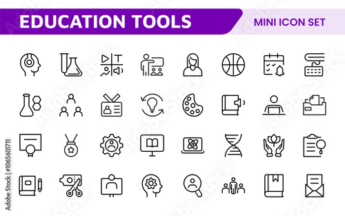 Education Tools Icon Set. Engaging and versatile icons for learning apps, classrooms, and online courses, perfect for enhancing educational resources and making learning fun and accessible.