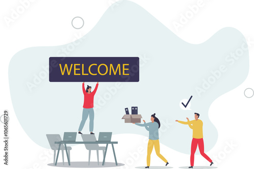 Onboarding and stepping into team as welcome new staff member .Greetings and welcome process into company .flat characters.