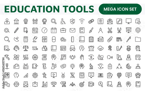 Education Tools Icon Set. Engaging and versatile icons for learning apps, classrooms, and online courses, perfect for enhancing educational resources and making learning fun and accessible.