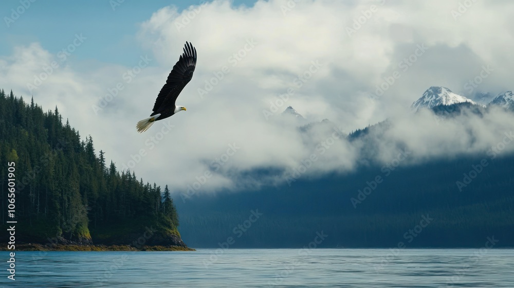 Obraz premium Bald Eagle Soaring Over Misty Mountains