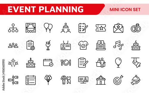 Event Planning Icon Set. Stylish and functional icons for organizers, perfect for scheduling, venue management, and event promotion, ideal for apps, websites, and marketing materials.