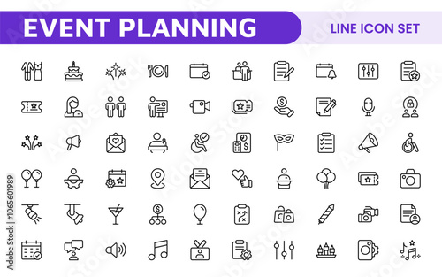 Event Planning Icon Set. Stylish and functional icons for organizers, perfect for scheduling, venue management, and event promotion, ideal for apps, websites, and marketing materials.