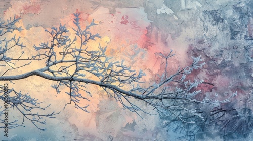 Frozen Tree Branch Against a Colorful Sky