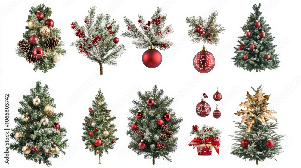 A collection of Christmas trees with red and gold ornaments A collection of Christmas trees with red and gold ornaments