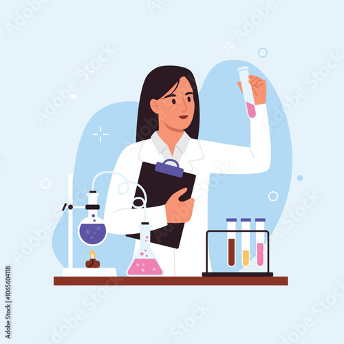 Vector illustration of a woman chemist conducting an experiment.Cartoon scene of a woman with a tablet for papers, holding a flask, an apparatus for conducting chemical reactions, flasks with liquids.