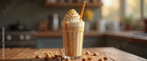 Indulgent Caramel Milkshake Temptingly Served in Cozy Kitchen Setting