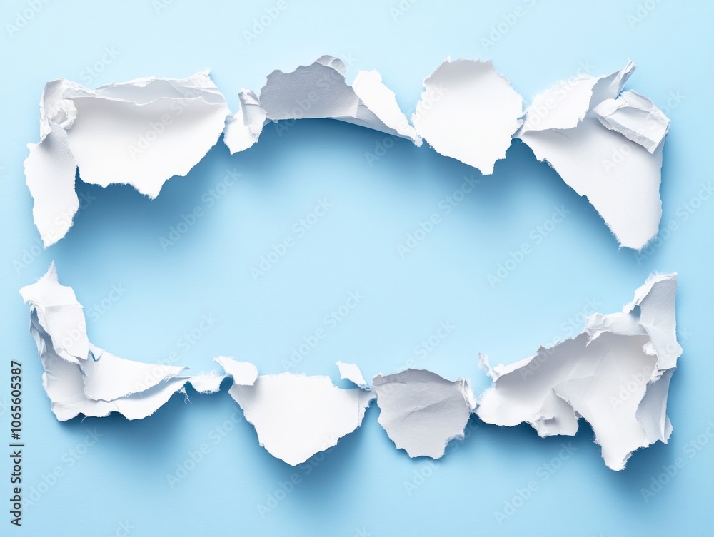 Fototapeta premium Torn white paper creating a frame on a blue background.
