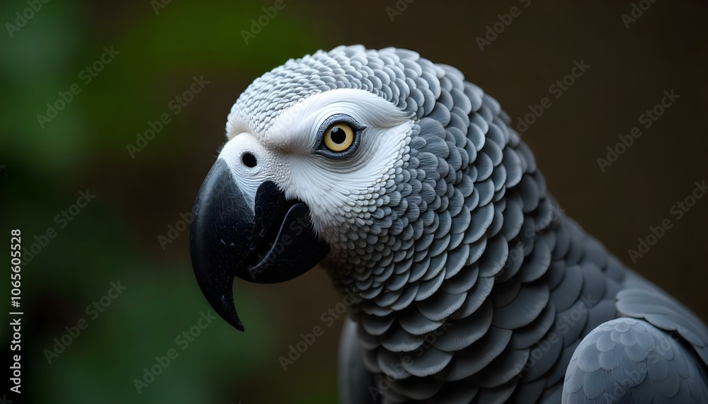 Obraz premium close-up portrait of a grey parrot sharp beak and intense eyes against a blurred green background