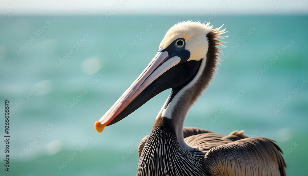 Fototapeta premium Brown Pelican close-up highlighting intricate feather details, eyes with blurred ocean background