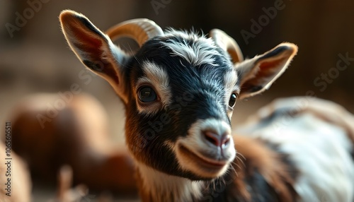 Close-up of delicate pygmy goat with soft coat and bright eyes, showcasing its miniature beauty