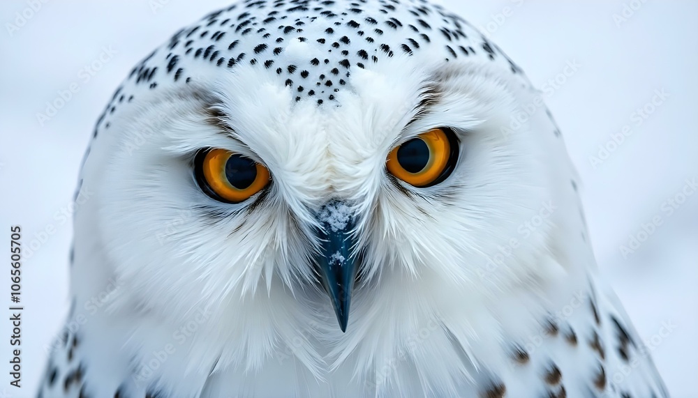 Obraz premium Snowy owl with vivid yellow eyes, female, showcased in close-up against snowy landscape