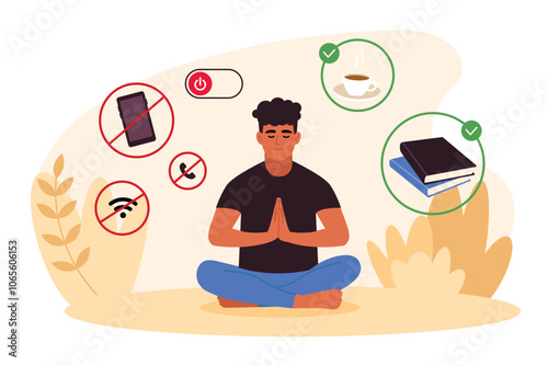 Vector illustration of information detox. Cartoon scene of a guy sitting in the lotus position, without the Internet, social networks, with books, a cup of coffee isolated on a white background.