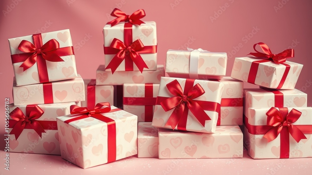 Fototapeta premium A stack of gifts tied with red ribbon, each box decorated with hearts and presented on a pink background