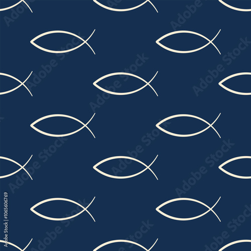 Fishes vector seamless pattern. White stylized line drawings on blue background.