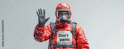 A person in a bright red protective suit and mask raises a hand, displaying a message that reads 
