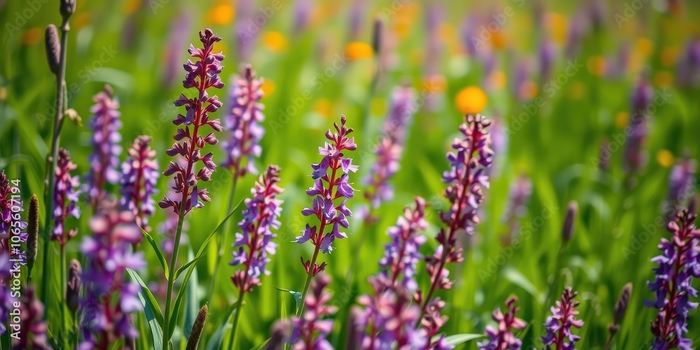 Obraz premium A vibrant field of purple wildflowers, their delicate petals reaching towards the sun, creating a captivating display of nature's beauty.
