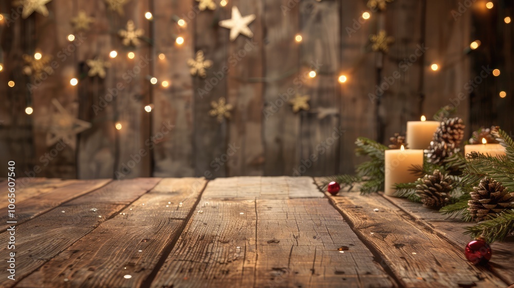 Wooden table with holiday-themed backdrop Wooden table with holiday-themed backdrop