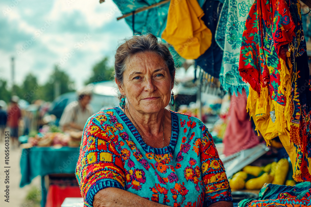 Obraz premium Candid Portrait of a Smiling Middle-Aged Woman at Her Colorful Clothing Stall in the Market
