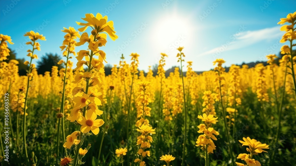 Fototapeta premium A field of bright yellow wildflowers basking in the warm glow of the afternoon sun, creating a vibrant and cheerful scene.