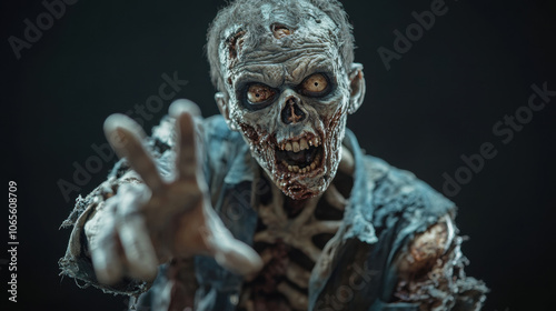 A menacing undead figure reaches out with skeletal hands, embodying the classic horror trope of a zombie, with a decayed and frightening visage.