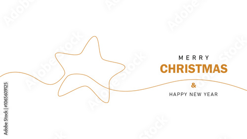christmas card with star in line art style and merry christmas text, abstract modern design, continuous line on white background, isolated vector illustration